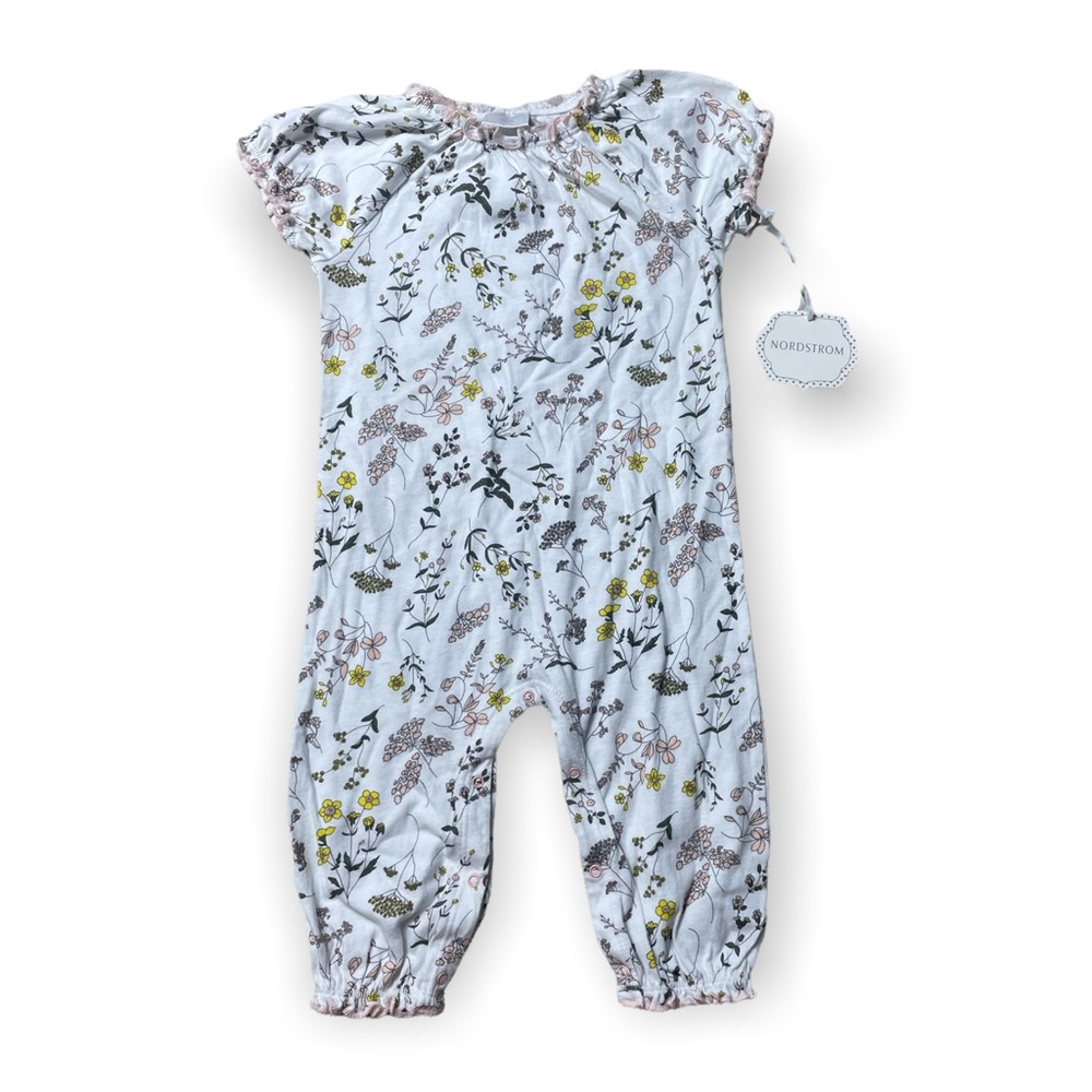 NWT Nordstrom Baby White Pink Woodland Floral Short Sleeve Ruffle One Piece 9 M